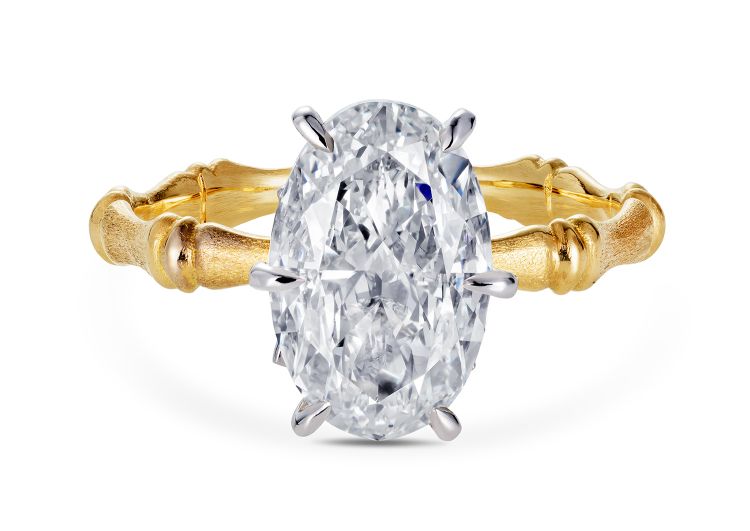 Thelma West Golden Sugarcane ring in 18-karat yellow gold with an oval, 4 carat diamond.