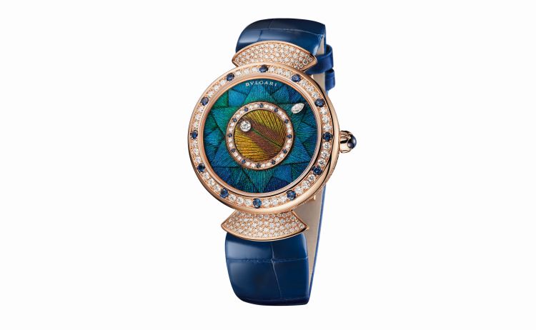 Bulgari Diva’s Dream Peacock automatic watch in 18-karat rose gold with diamonds, sapphires and peacock feather marquetry.