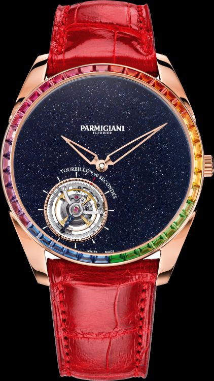 Parmigiani Fleurier Tonda 1950 Moonbow tourbillon in 18-karat rose gold with aventurine dial and multicolored sapphires, rubies, tsavorites and amethysts.