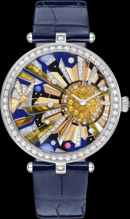 Van Cleef & Arpels Lady Arpels Soleil Féerique watch in 18-karat white gold with diamonds, lapis lazuli, mother-of-pearl, onyx and sapphires.