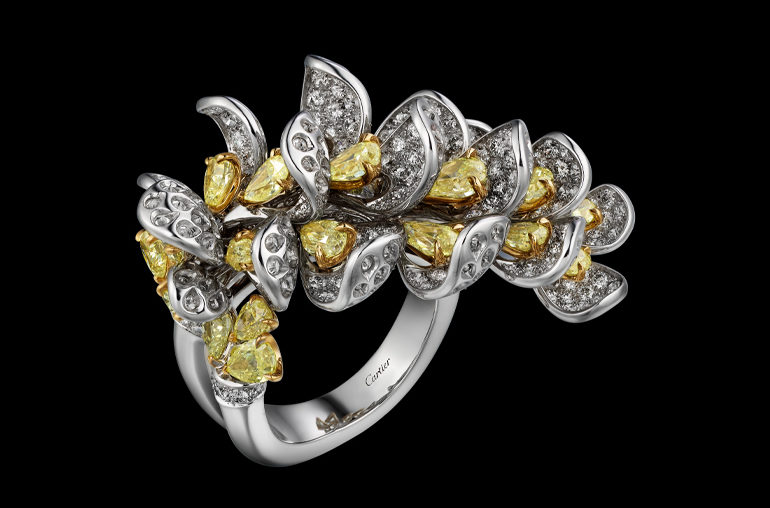 Vossi ring White gold, pear-shaped yellow diamonds, brilliant-cut diamonds. Photography: Vincent de la Faille © Cartier, from [Sur]Naturel Cartier, Flammarion 2021.