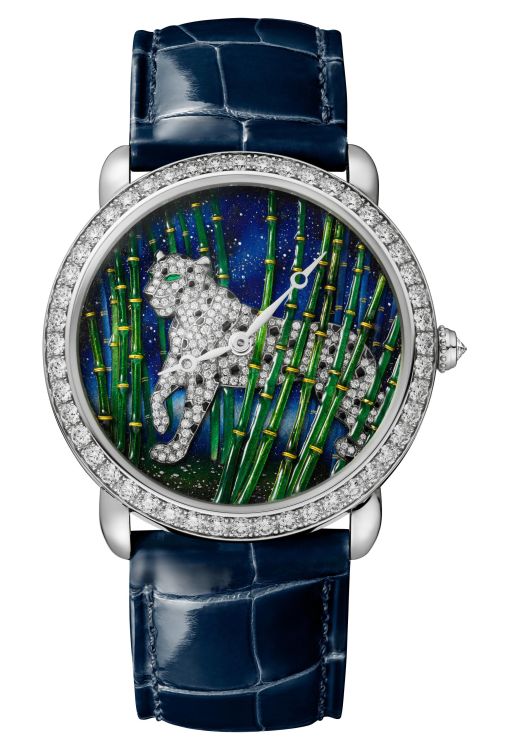 Cartier Ronde Louis Cartier Enamel Filigree mechanical watch with diamonds and enamel in 18-karat white gold.