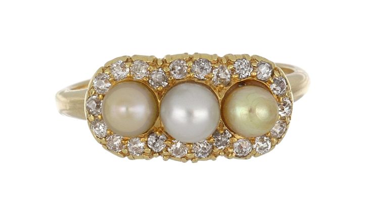 Edwardian 14K yellow gold triple white and golden pearl ring with diamonds, circa 1900. Photo: Tenenbaum Jewelers.