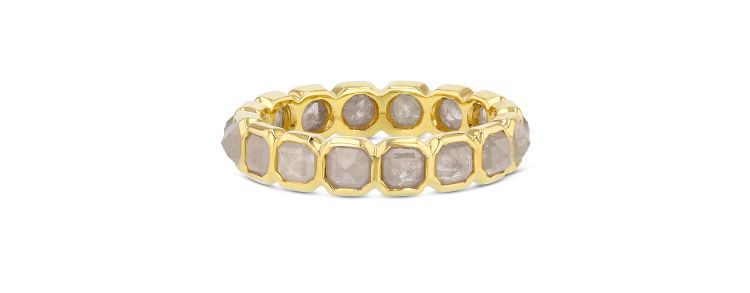 Grace Lee Rustic Diamond eternity ring with Asscher-cut grey diamonds in 14-karat gold.