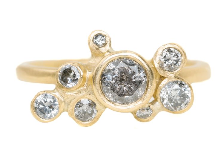 Kate Maller Legacy Diamond ring with bezel-set salt-and-pepper diamonds in 18-karat gold.