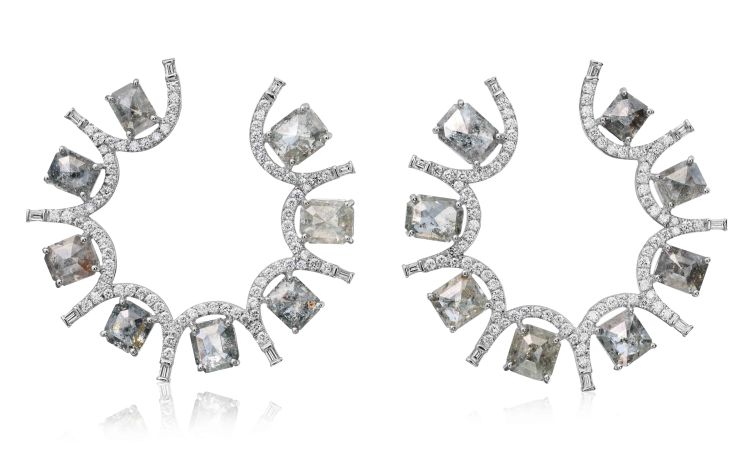 Nina Runsdorf Clair de Lune earrings featuring grey diamonds in 18-karat gold, along with baguette-cut and round-brilliant white diamonds.