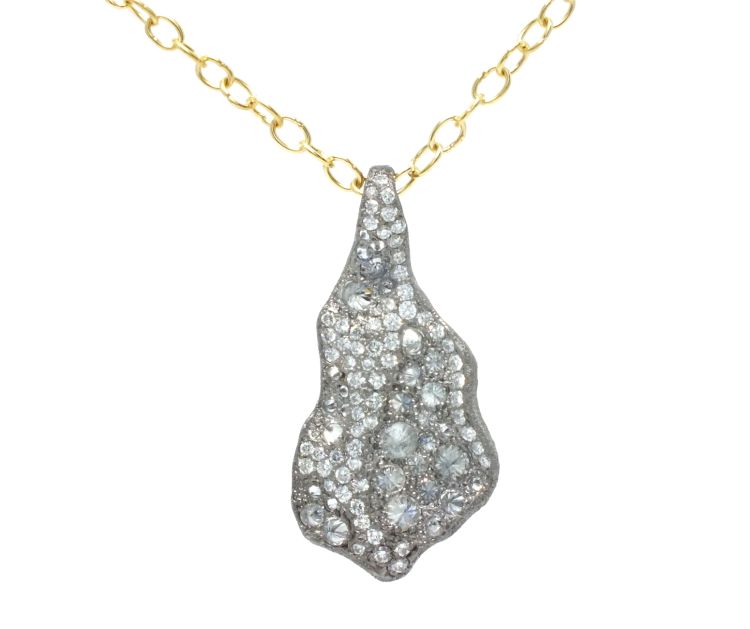 Tap by Todd Pownell pendant in 18-karat grey gold with mixed white and grey diamonds on a handmade 18-karat gold link chain. 