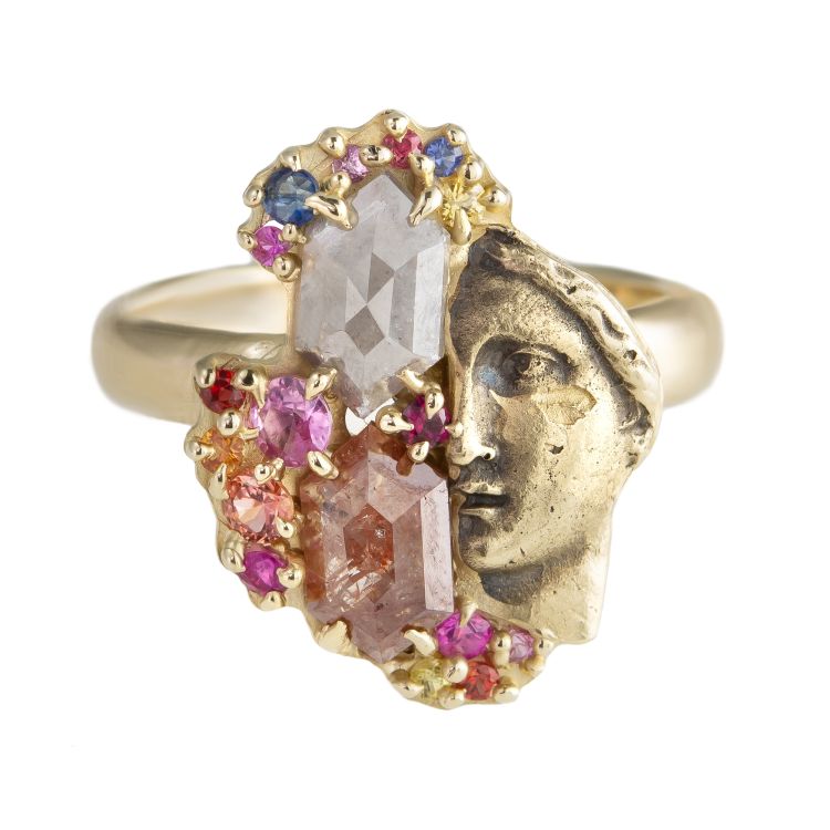 Atelier Narce Fragmented Diamond Face ring in 10-karat gold with diamonds and sapphires. 