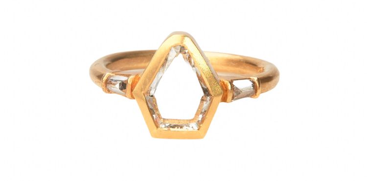 Kelty Pelechytik Dalia ring in 18-karat yellow gold with a rose cut, 0.78-carat diamond, and diamond baguettes. 