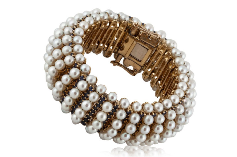 Estate Tiffany & Co. 18K gold cultured pearl and sapphire bracelet