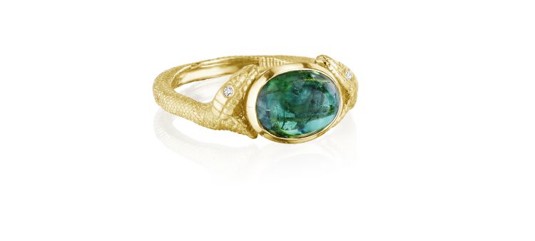 Anthony Lent Double-headed Serpent ring in 18-karat gold with diamonds and a green tourmaline cabochon. 