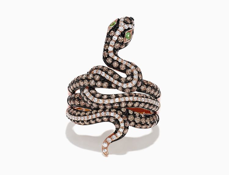 Effy Safari Snake ring in 14-karat gold with cognac diamonds, white diamonds and tsavorites. 