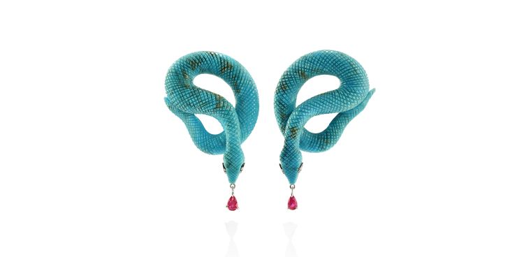 Fabio Salini Turquoise Snake earrings with carved turquoise, rubies and diamonds in 18-karat gold. 