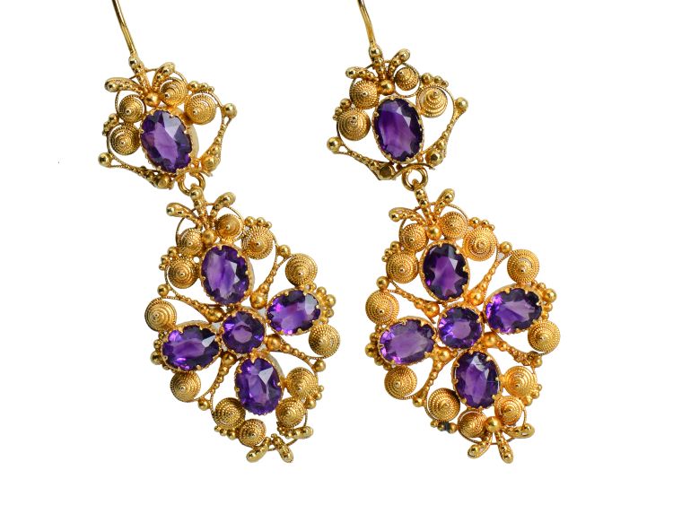 Amethyst cannetille work dangle earrings circa 1820 from The Three Graces. 