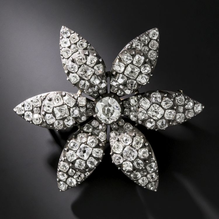 Georgian silver and diamond flower brooch set with 1.20 carats of old mine-cut diamonds, from Lang Antiques. 