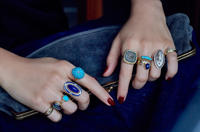 Metier SF mixed ring shot The rings in the other picture are Gabriella Kiss rings, turquoise and two sapphires one with the turquoise and one on the other hand. The rest are vintage or antique, spanning Georgian, Victorian, Arts & Crafts and Mid-century modern. We love all the eras.