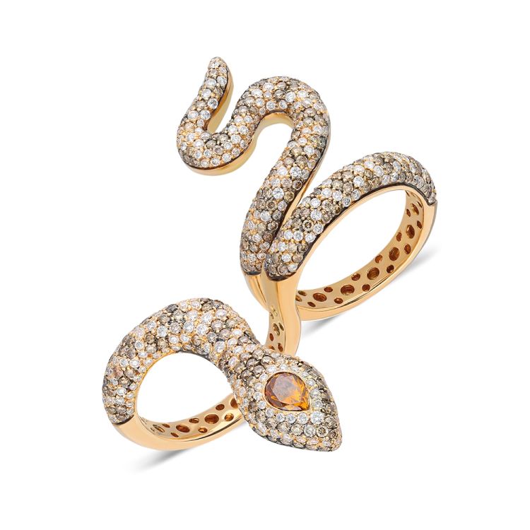 Terzihan Snake double-finger ring in 18-karat rose gold with white and champagne diamonds.