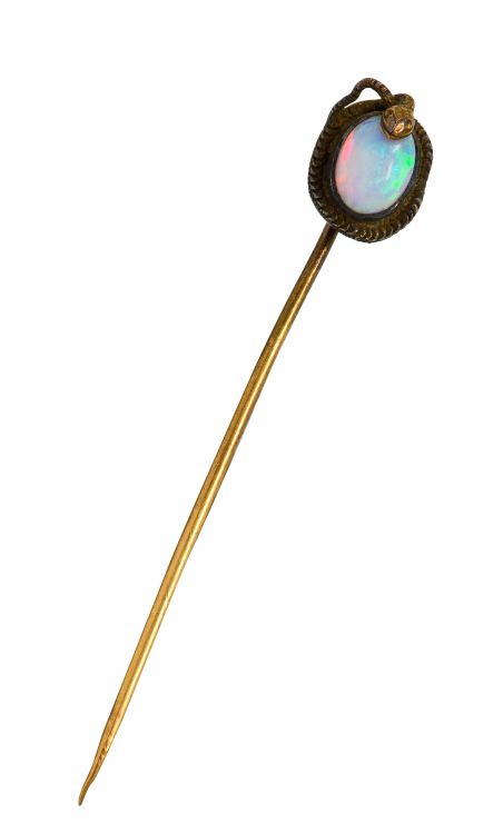 Wilson’s Estate Jewelry antique Victorian Snake stickpin in 14-karat gold with an opal cabochon, circa 1900. 