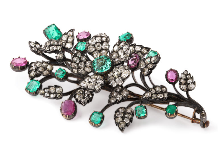 1. Diamond, ruby, and emerald spray brooch set en tremblant in silver and gold with approximately 4 carats of emeralds, 3 carats of rubies and 4.75 carats of old-mine-cut diamonds. French, ca. 1825.Photo: A la vieille Russie