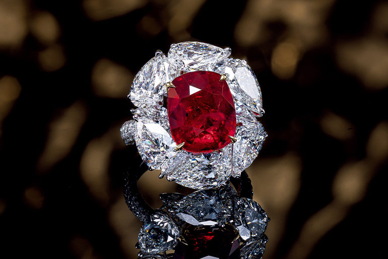 This ring with a cushion-shaped, 8.07-carat, pigeon’s blood Burmese ruby and 7.34 carats of pear-shaped diamonds sold for HKD 31.2 million ($4 million) at Poly Auction in Hong Kong in April.