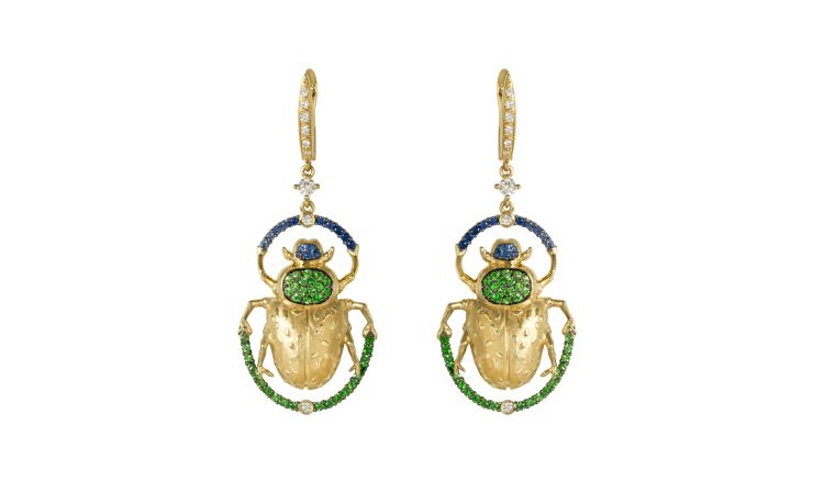 Alexandra Abramczyk Beetle earrings (sold individually) in 18-karat gold set with tsavorites, sapphires, and diamonds. 