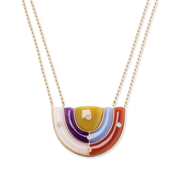 Brent Neale large Marianne necklace in 18-karat yellow gold with carved pink opal, carnelian, amethyst, blue chalcedony, yellow chalcedony and diamonds. 