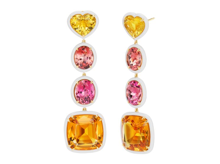 Emily P. Wheeler Aurora earrings with yellow beryls, tourmalines, palm citrines and enamel. 