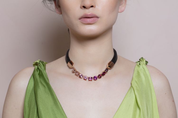 Model wearing the Dress Up necklace by Emily P. Wheeler
