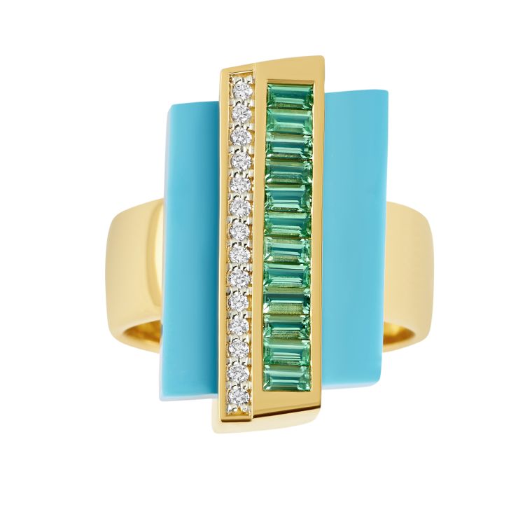 Emily P. Wheeler Swell ring in 18-karat yellow gold with turquoise, emeralds, and diamonds. 
