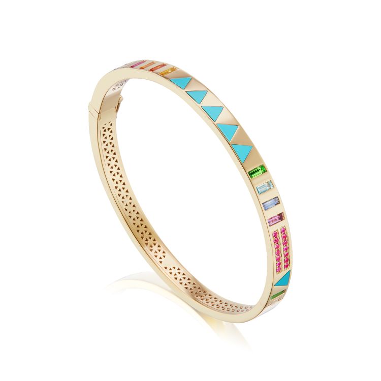 Harwell Godfrey Juju bangle in 18-karat yellow gold with triangle turquoise inlay and multicolor gemstones. 