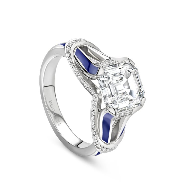 Boodles London ring in platinum set with an asscher-cut, 2.10-carat diamond and enamel. 