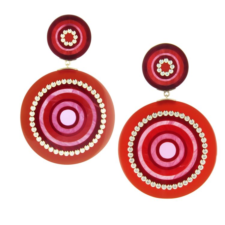 Mark Davis Selima ear clips crafted from nested rings of burgundy, pink and red vintage bakelite with accent rings of white diamonds.