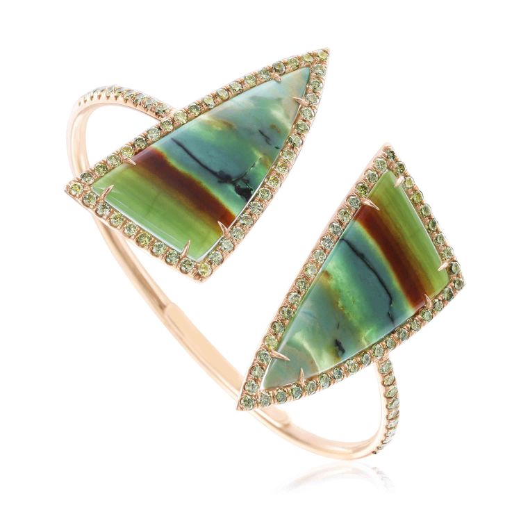 Nina Runsdorf bracelet in 18-karat rose gold set with 21.20 carats of tree opals and 3.54 carats of green diamonds. 