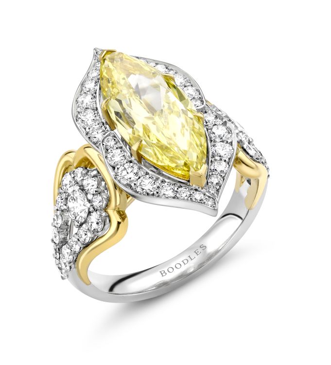Boodles St. Petersburg ring in platinum and 18-karat yellow gold set with a marquise, 3.68-carat yellow diamond and 1.51 carats of diamonds. 
