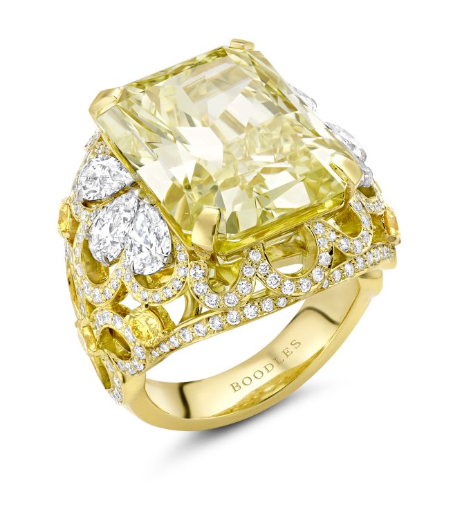 Boodles Sintra ring in 18-karat yellow gold set with a 16.79-carat fancy-intense-yellow diamond, yellow diamonds and diamonds. 