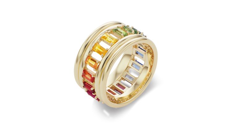 ParkFord Revival Column ring in 14-karat yellow gold with rainbow sapphires. 