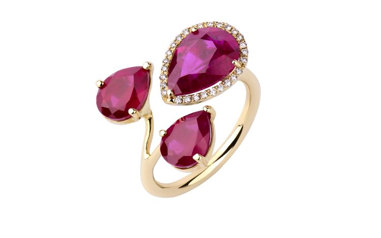 Dima Three Stone open ring in 18-karat gold with rubies and diamonds. 
