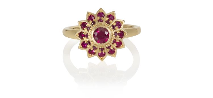 Flora Bhattachary Pushpa Star Pave Ring in recycled 18 carat and ruby