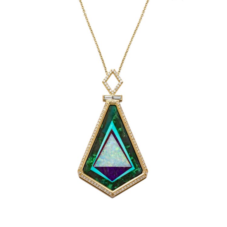 Jenny Dee Totem necklace with diamonds, malachite, turquoise, amethyst and opal in 18-karat gold.