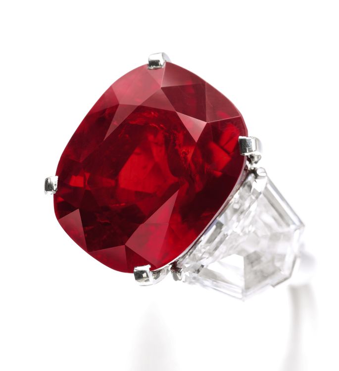 The Sunrise Ruby, a Cartier ring with a 25.59-carat ruby and diamonds, sold for over $30 million at Sotheby’s Geneva in May 2015.