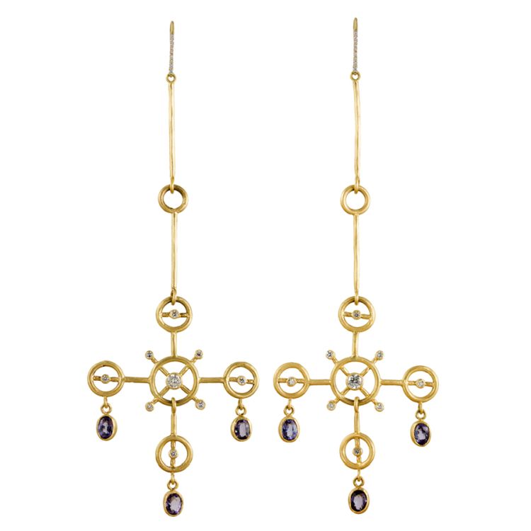 Margery Hirschey Circle chandelier earrings with spinels and diamond accents in recycled 18-karat gold. 