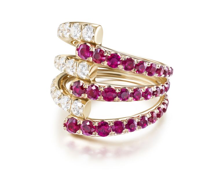Melissa Kaye Lola Triple ring in 18-karat pink gold set with 1.98 carats of rubies and 1.60 carats of white diamonds.