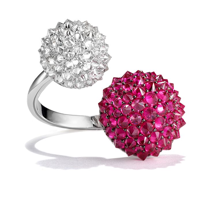 Nam Cho Double Ball ring in 18-karat white gold with Burmese rubies and ice diamonds. 