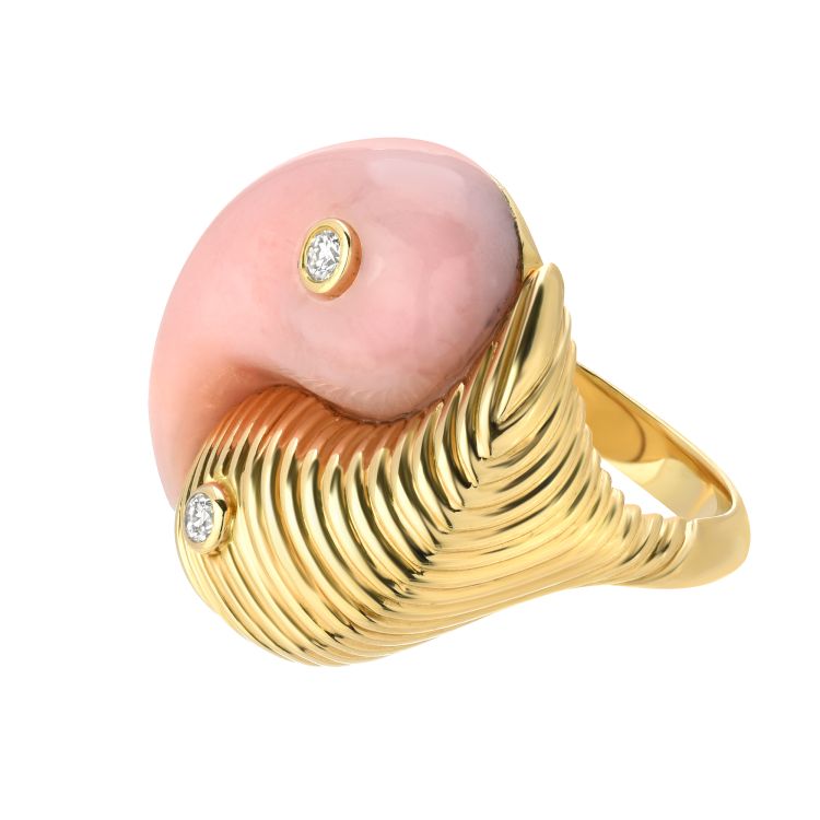 Retrouvai Yin Yang ring with pink opal and diamonds in 14-karat gold. 