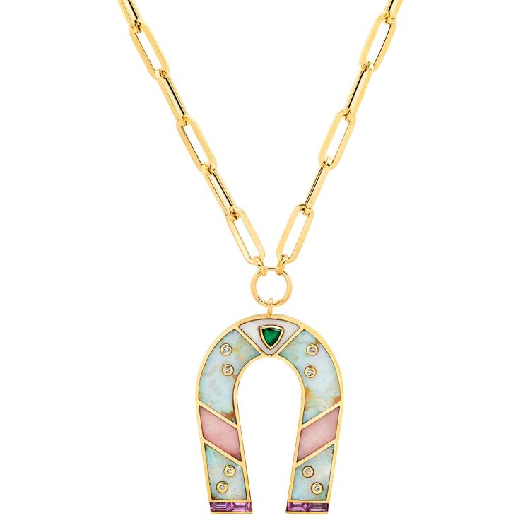 Sig Ward Manifest necklace in 14-karat gold, opal, pink opal, agate, pink sapphire, emerald and diamonds.