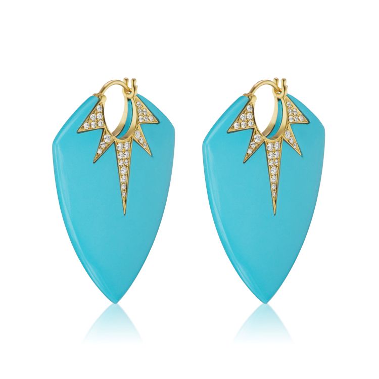 Sorellina Guitar Pick earrings with turquoise and diamonds in 18-karat gold.