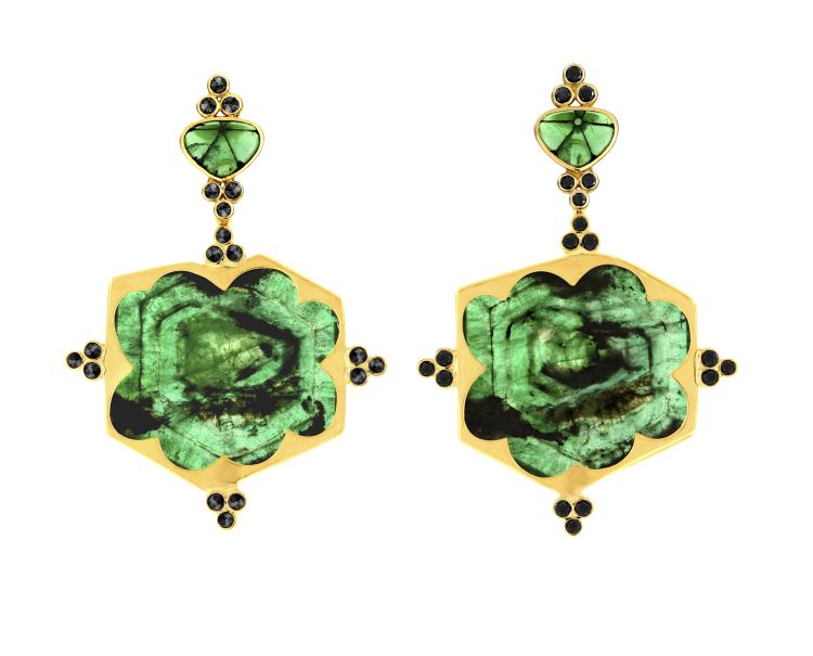 While the goal of enhancements is to remove inclusions, some are desirable as in these trapiche emerald earrings by Paula Crevoshay. Photo: Paula Crevoshay.