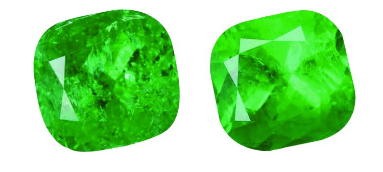 The CDTEC GemLab in Colombia has come out with a new stable filler. Shown here is the emerald before (left) and after treatment. Photo: Darwin Fortaleché/CDTEC GemLab. 