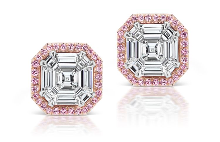 J Fine earrings with Asscher-cut white diamonds and pink-diamond pavé in 18-karat gold.
