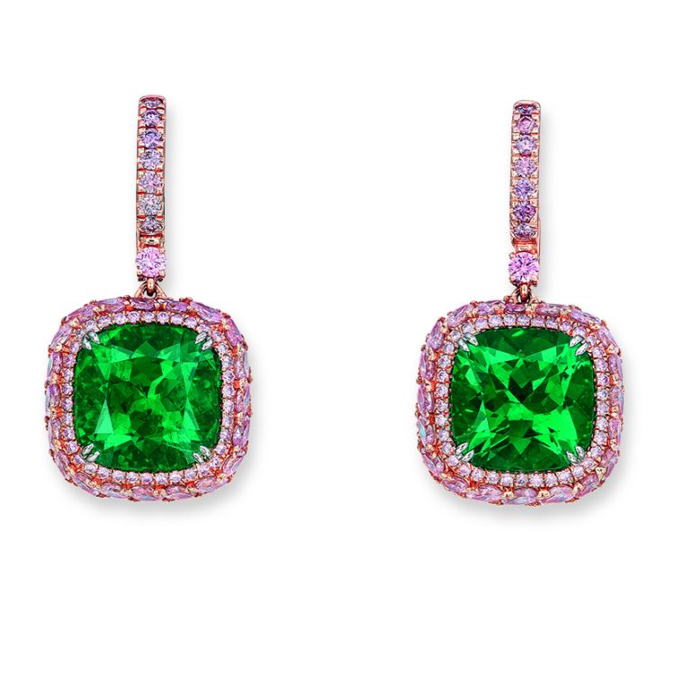 Muzo The Green Jewels earrings with Muzo emeralds and Argyle pink diamonds in 18-karat gold.